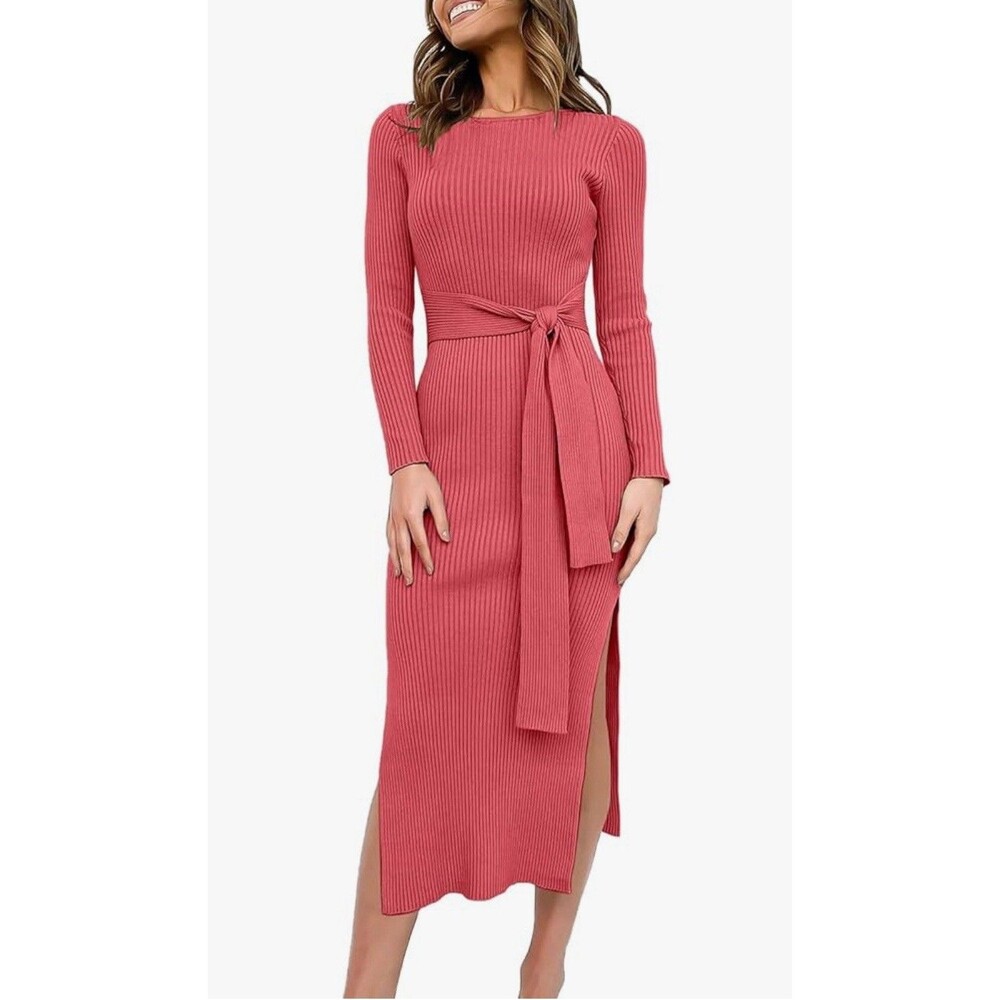 ANRABESS Womens Long Sleeve Sweater Dress Crew Neck Slim Fit Pink Size Medium